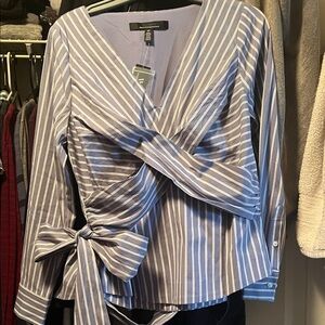 WHBM Blue Striped Wrap Blouse